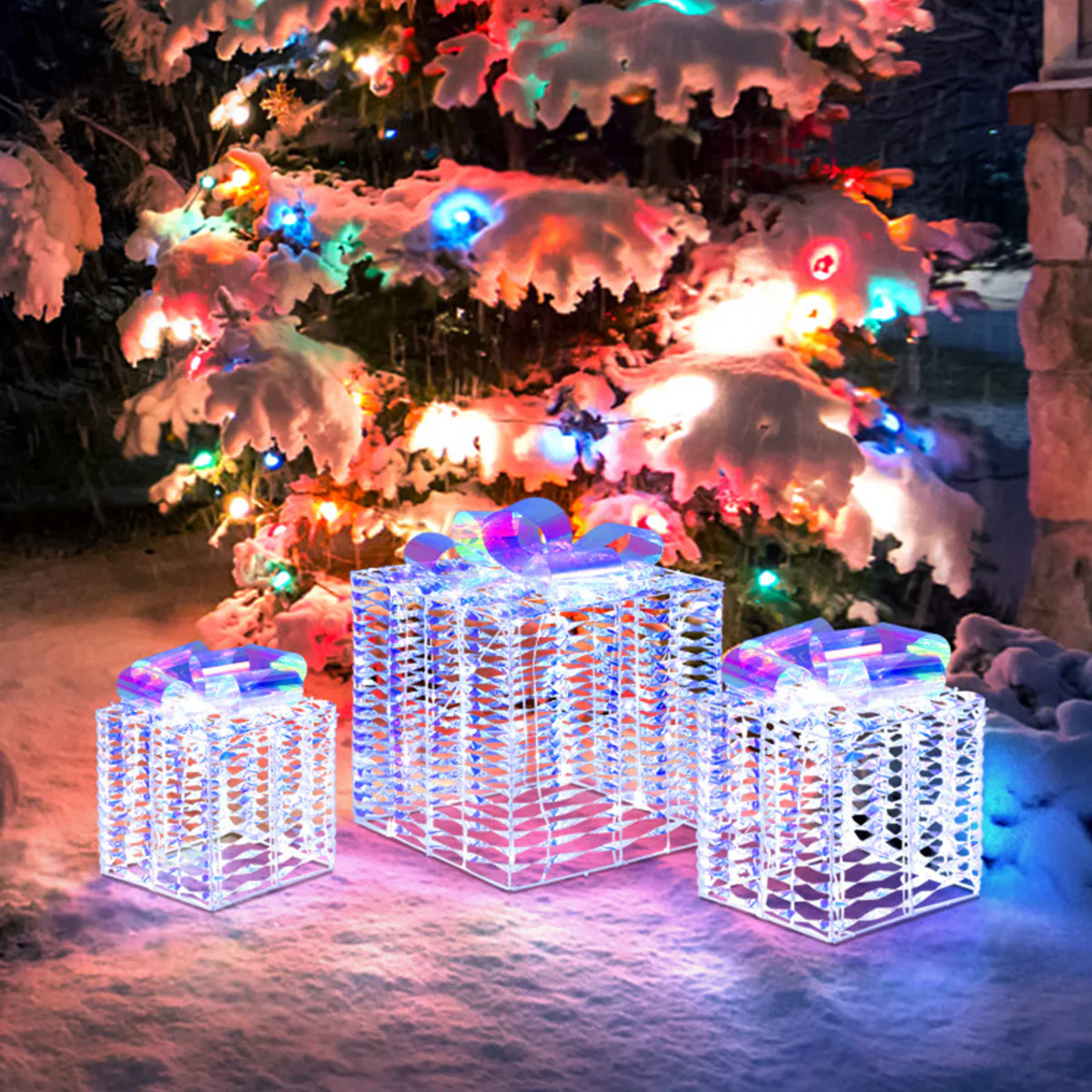 Iridescent Pre-Lit Christmas Gift Box Decoration (Set of 3) - Image 8
