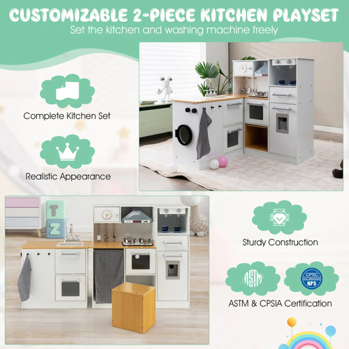Kids 2-Piece Wooden Pretend Play Kitchen with Sound - Image 3