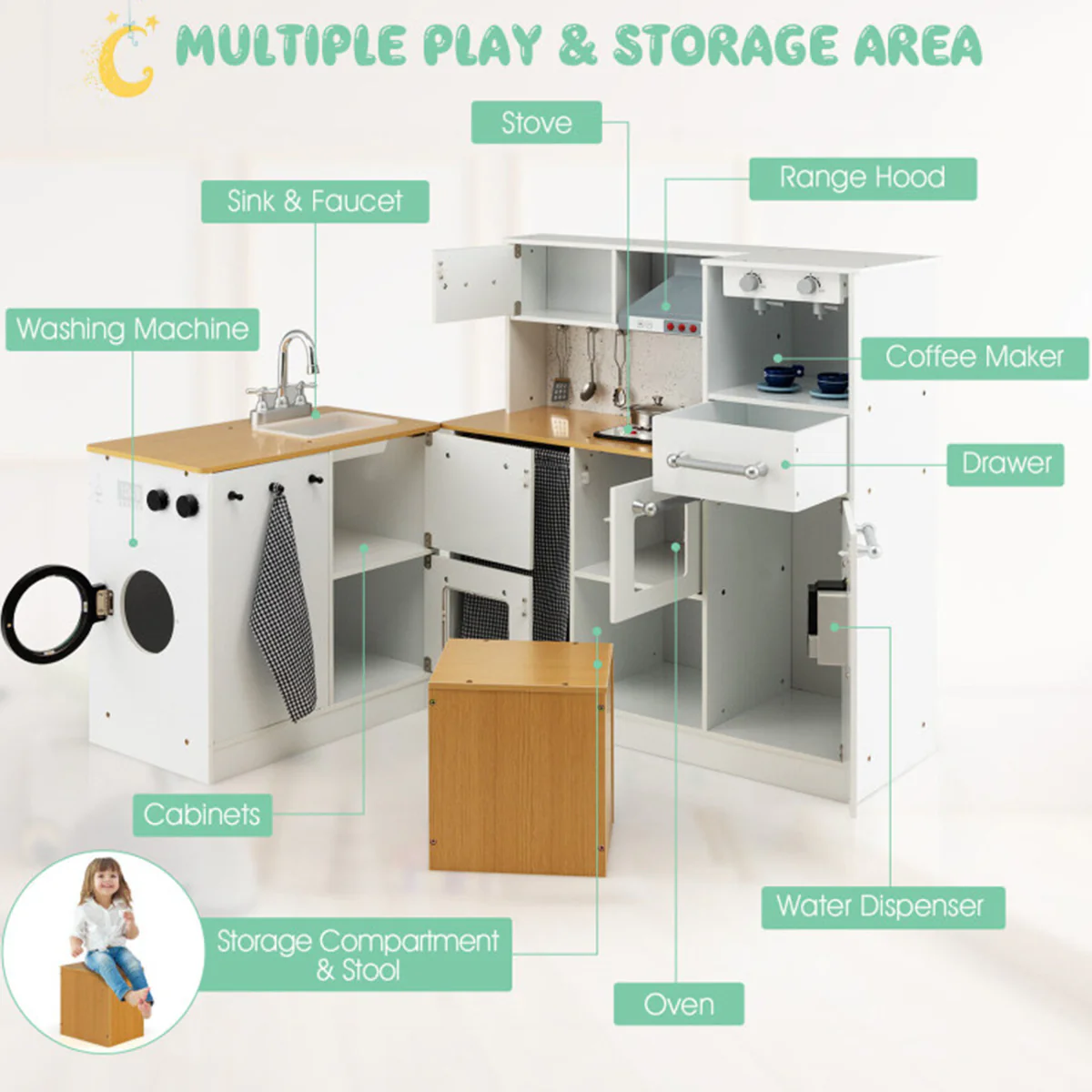 Kids 2-Piece Wooden Pretend Play Kitchen with Sound - Image 4