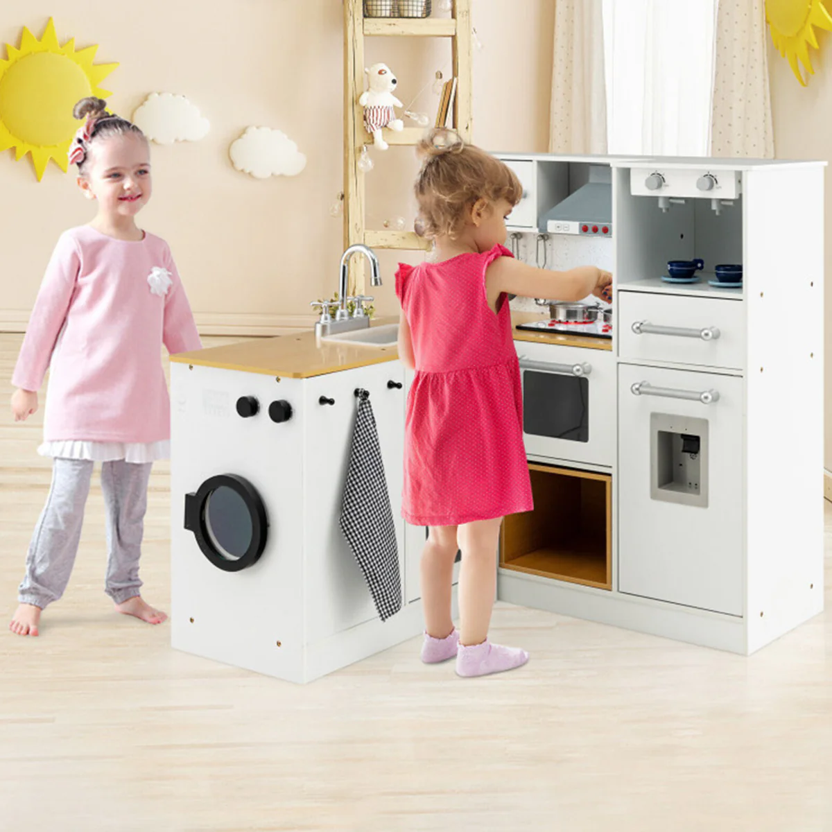 Kids 2-Piece Wooden Pretend Play Kitchen with Sound - Image 9