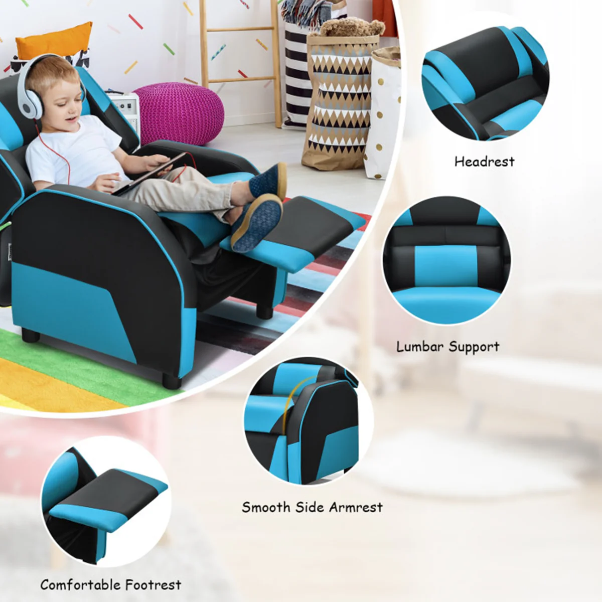 Kids Gaming Sofa Recliner with Headrest and Footrest - Image 18