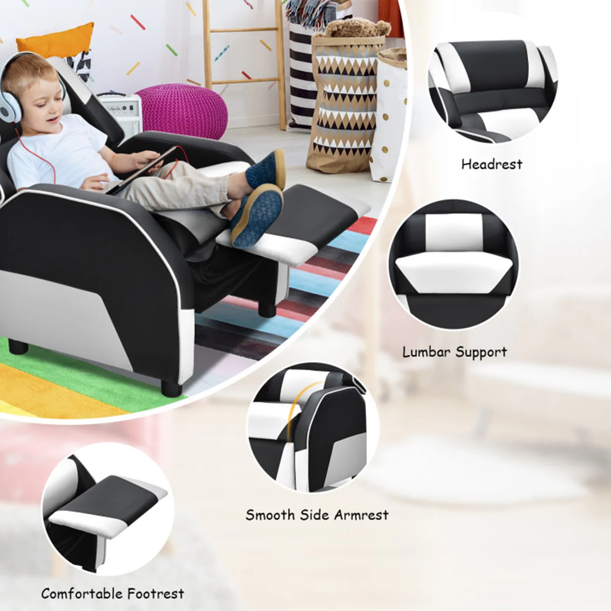 Kids Gaming Sofa Recliner with Headrest and Footrest - Image 40