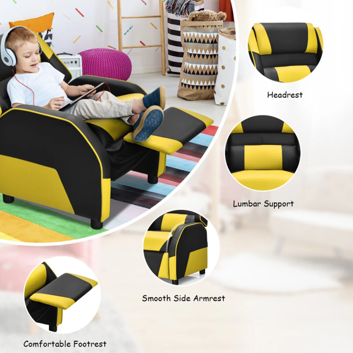 Kids Gaming Sofa Recliner with Headrest and Footrest - Image 55