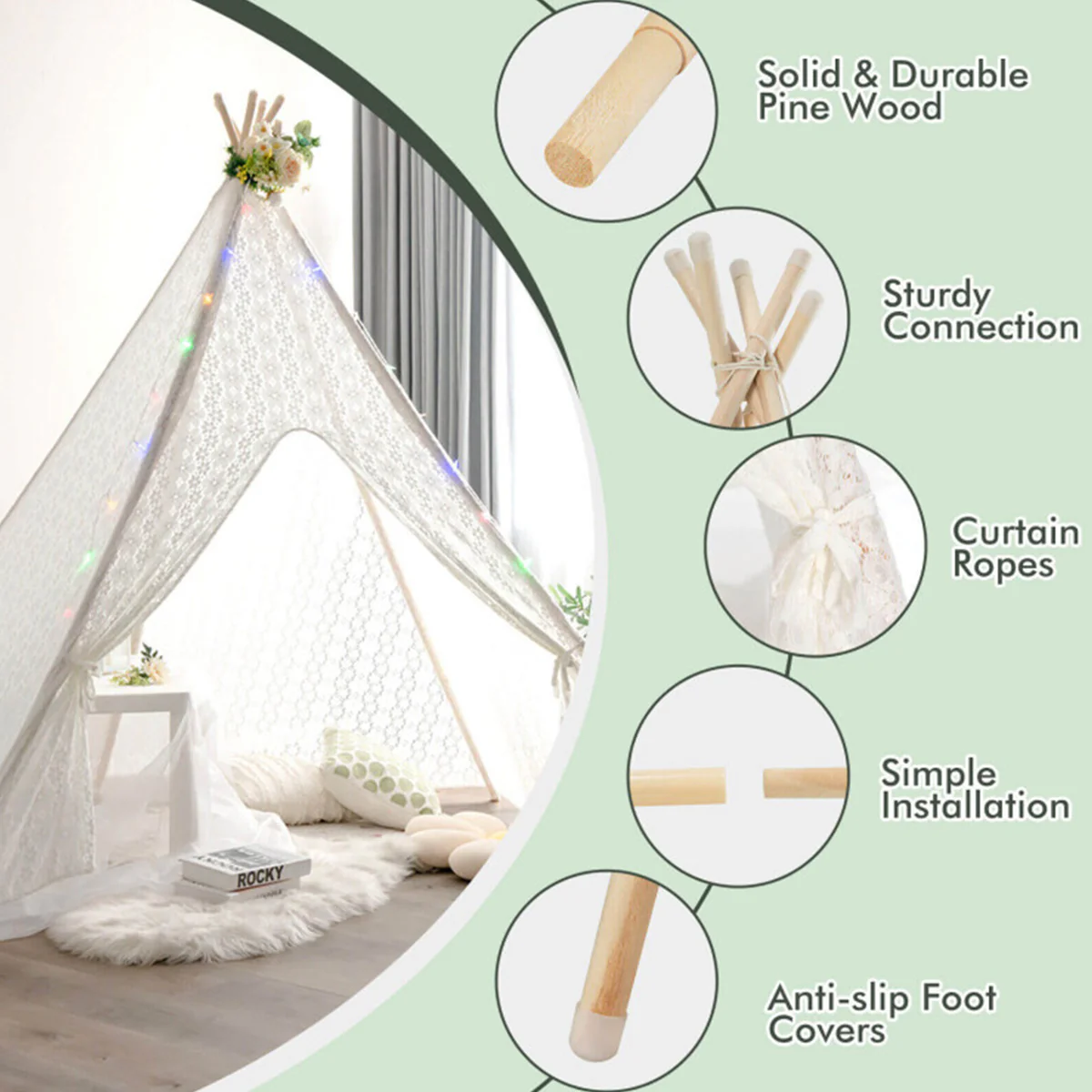 Kids Lace Teepee Play Tent with Colorful String Lights - Image 4
