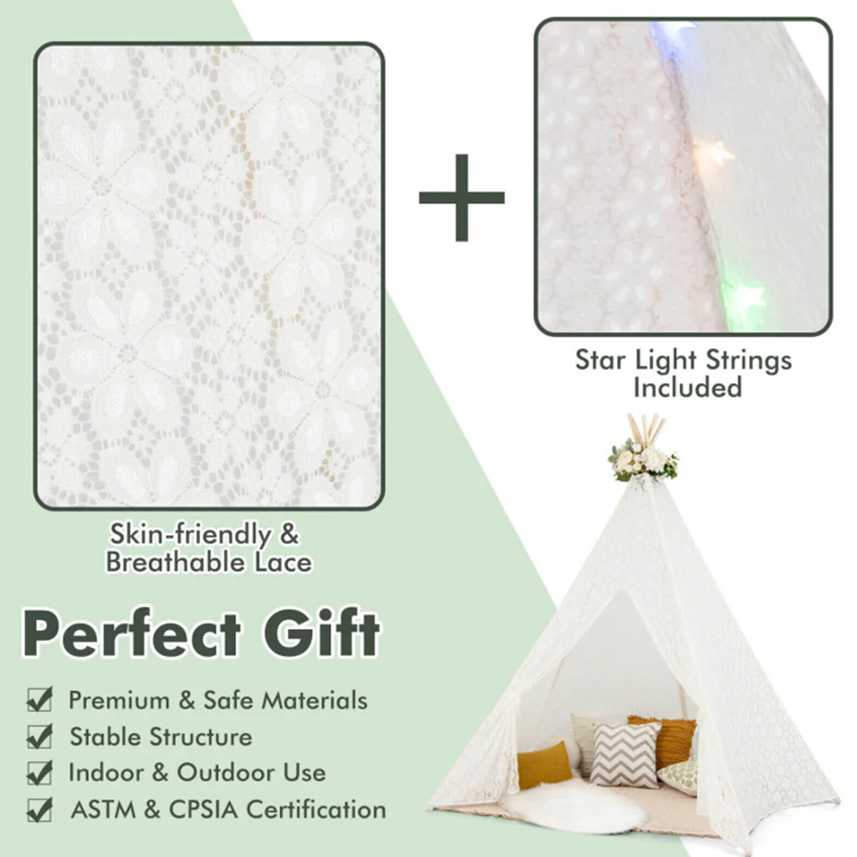 Kids Lace Teepee Play Tent with Colorful String Lights - Image 5