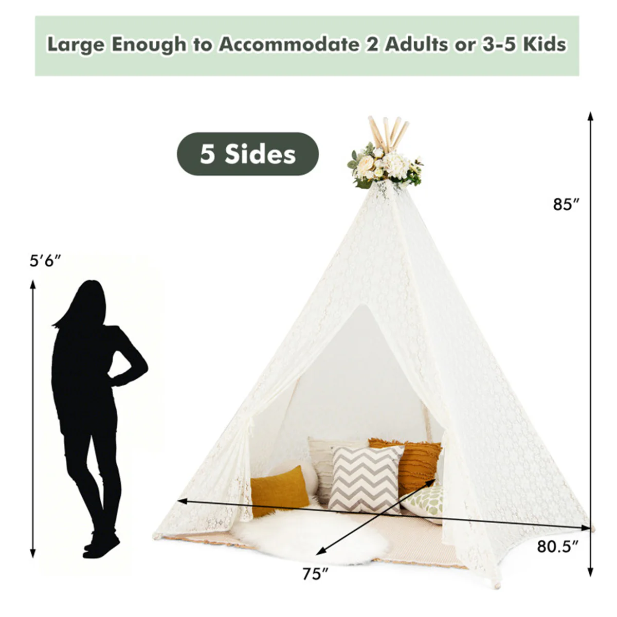 Kids Lace Teepee Play Tent with Colorful String Lights - Image 6