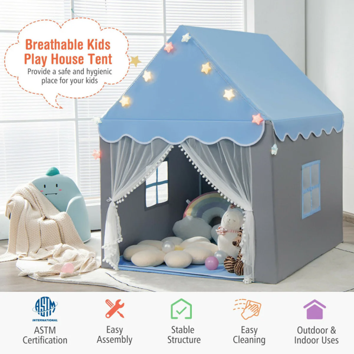 Kids Playhouse Tent with Star String Lights - Image 6