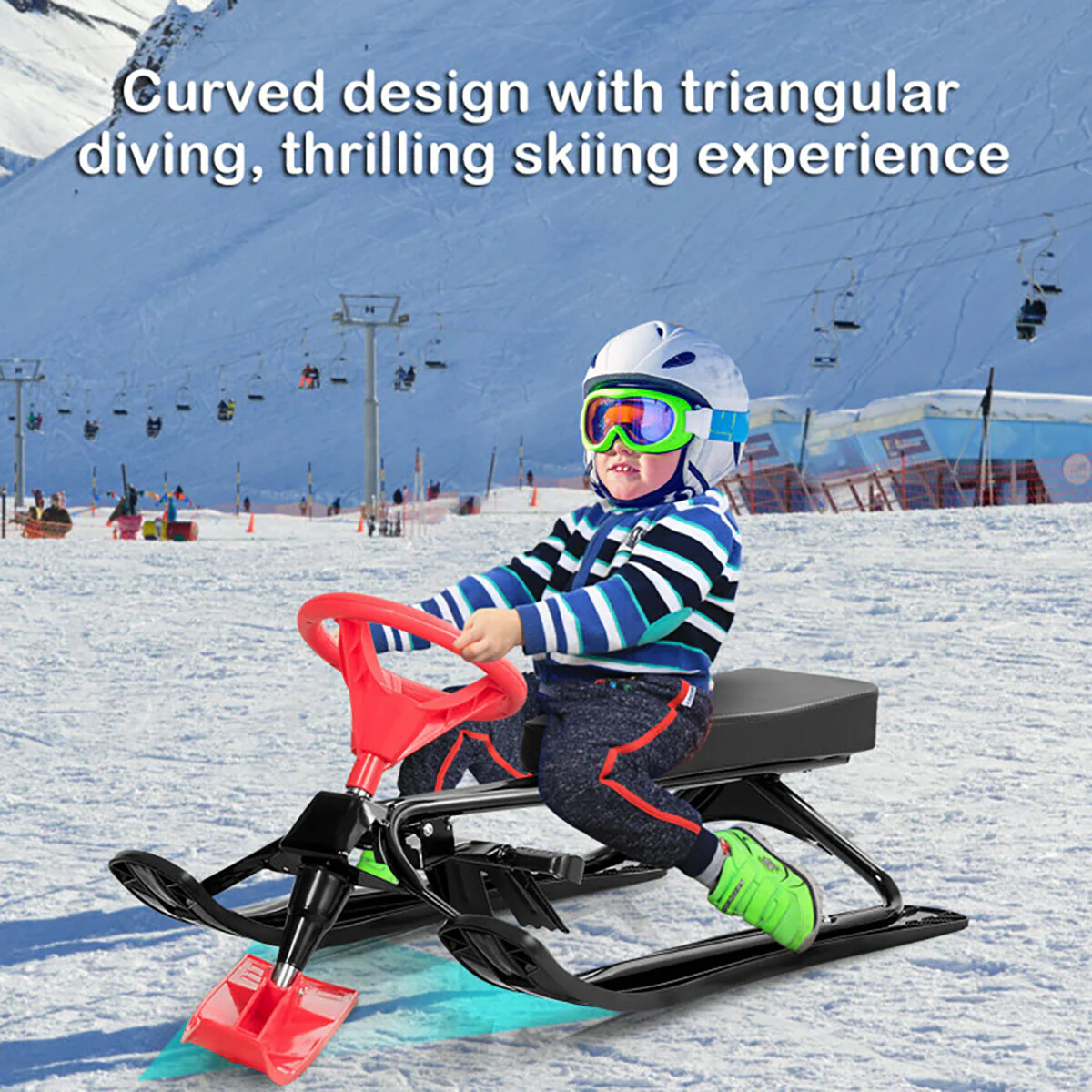 Kids Snow Sand Grass Sled with Steering Wheel and Brakes - Image 3