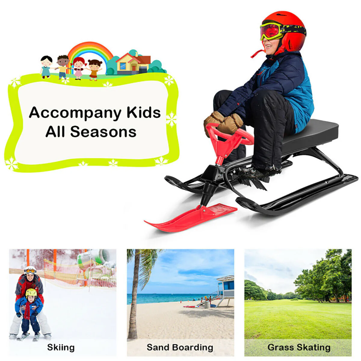 Kids Snow Sand Grass Sled with Steering Wheel and Brakes - Image 5