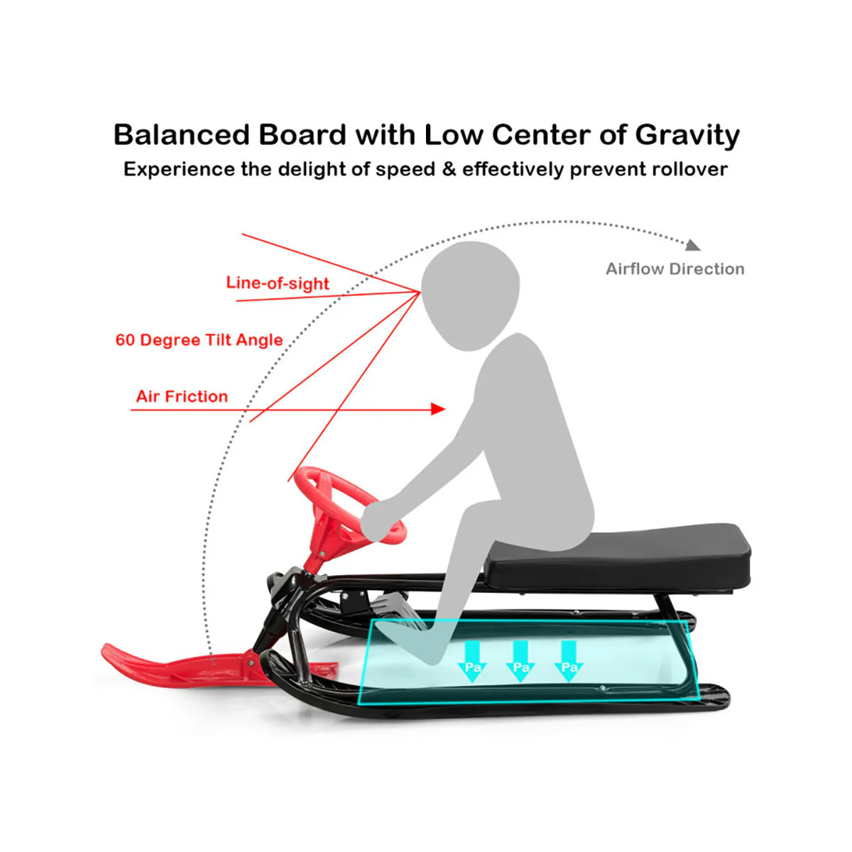 Kids Snow Sand Grass Sled with Steering Wheel and Brakes - Image 6