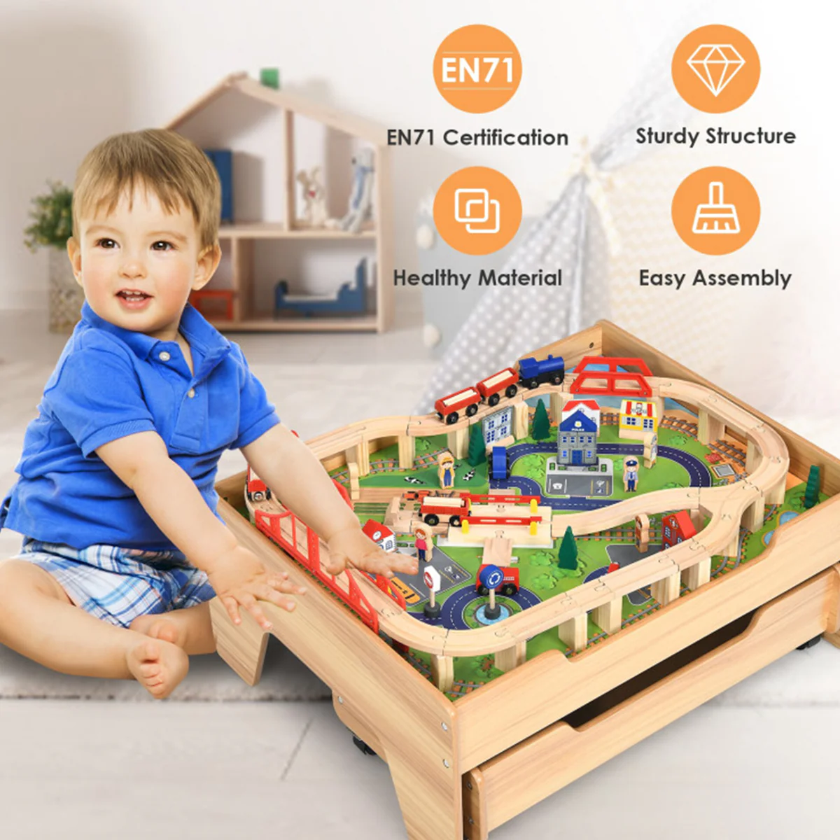 Kids Wooden 100-Piece Railway Set Table - Image 3