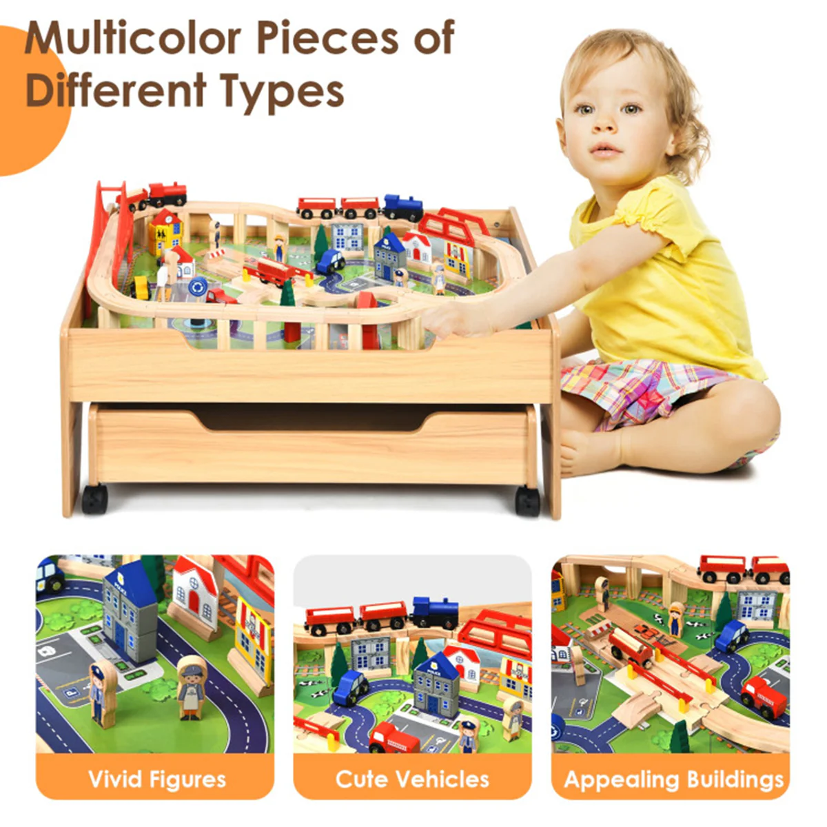 Kids Wooden 100-Piece Railway Set Table - Image 4