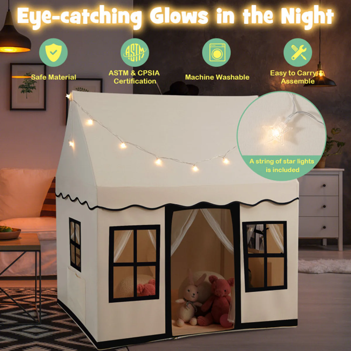 Large Kids Play Tent with Star String Lights - Image 6
