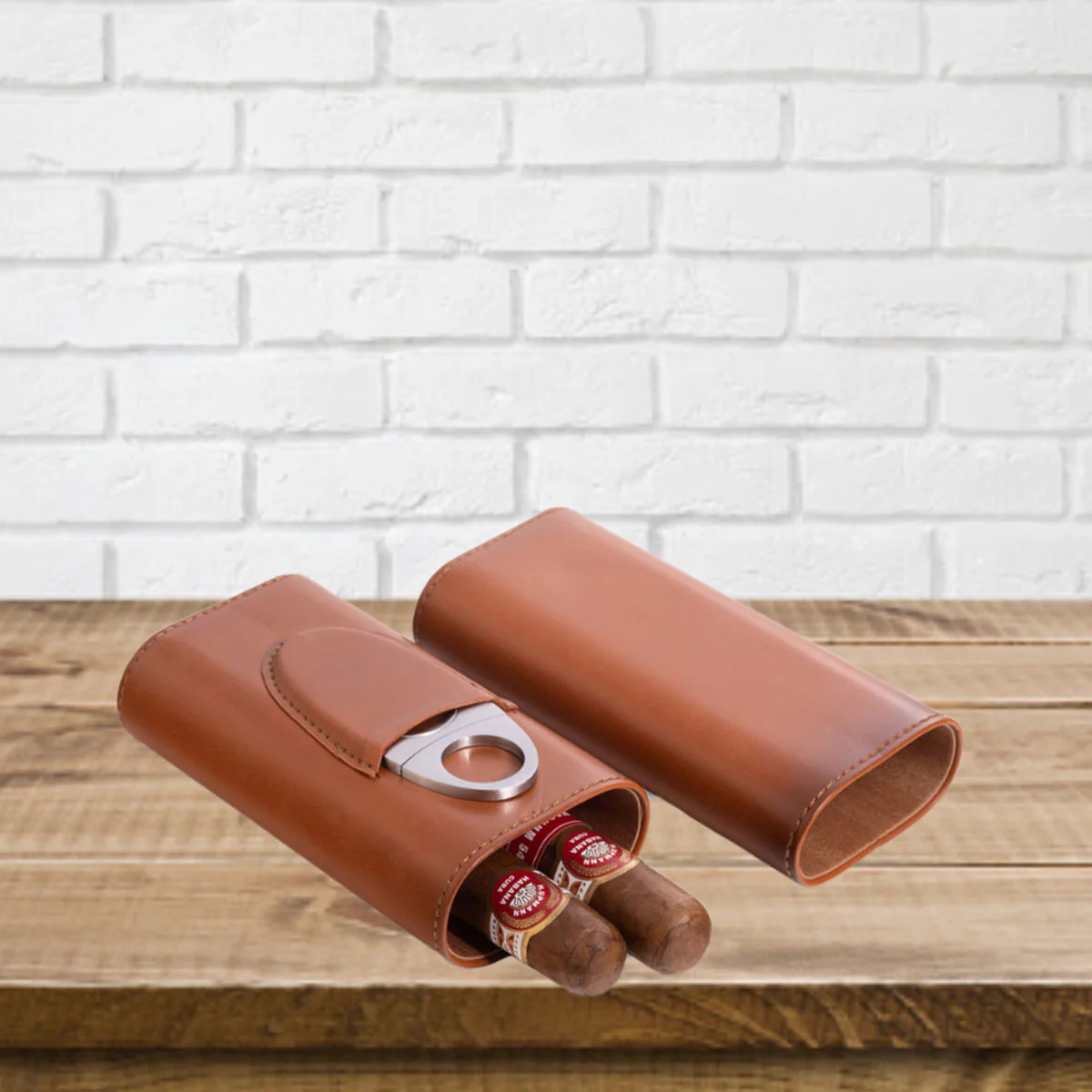 Leather Three Cigar Holder with Stainless Steel Cutter - Image 7
