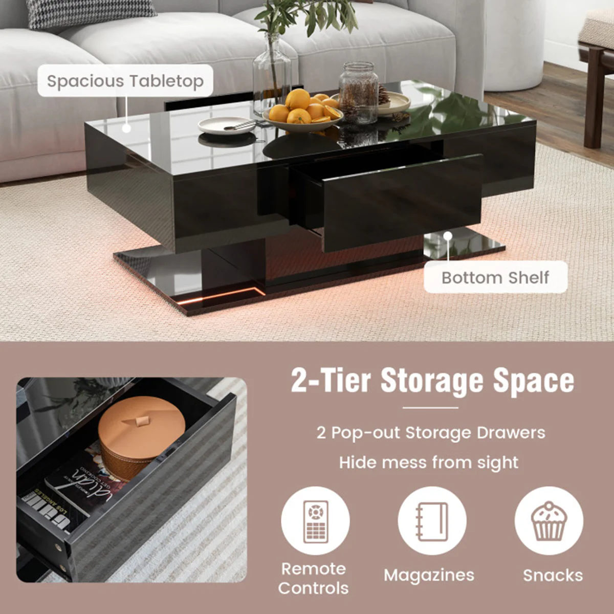 LED Coffee Table with Storage Drawers - Image 13