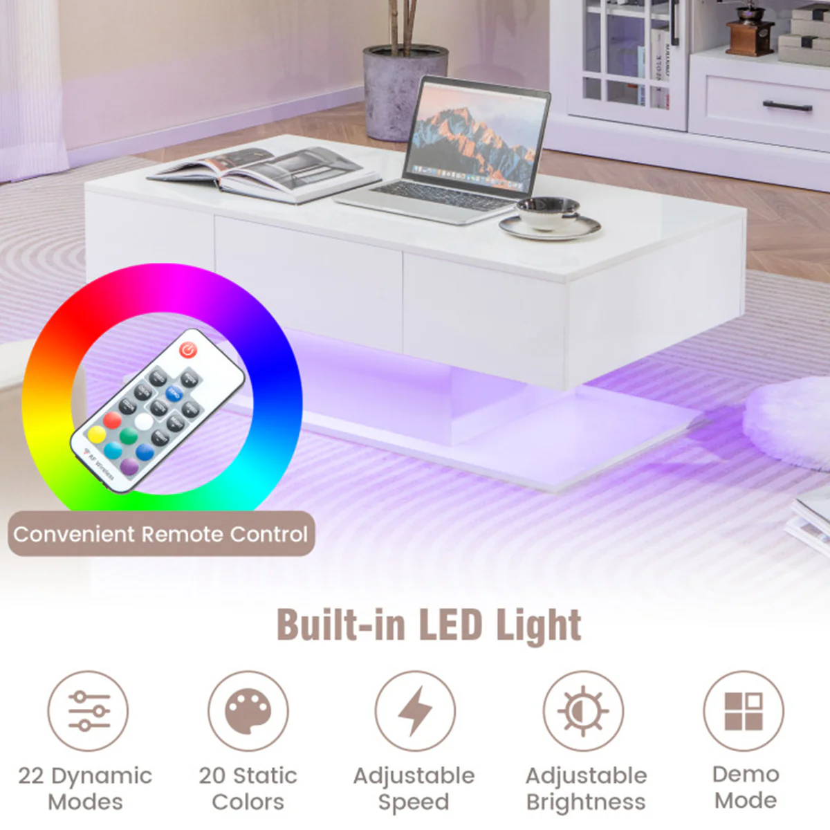 LED Coffee Table with Storage Drawers - Image 4