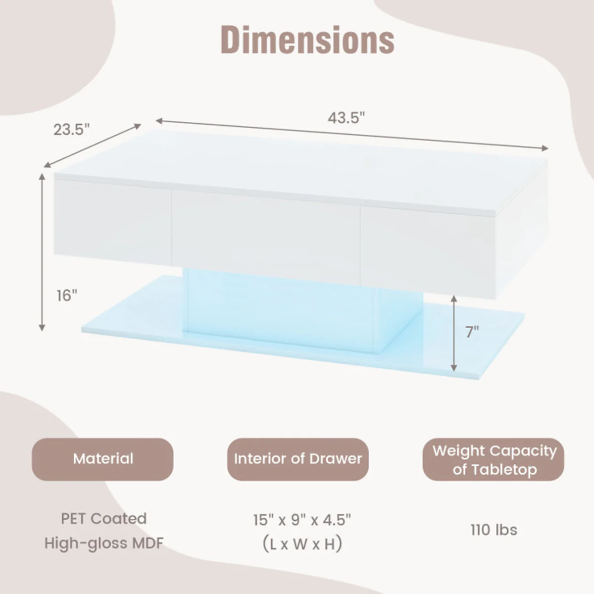 LED Coffee Table with Storage Drawers - Image 8