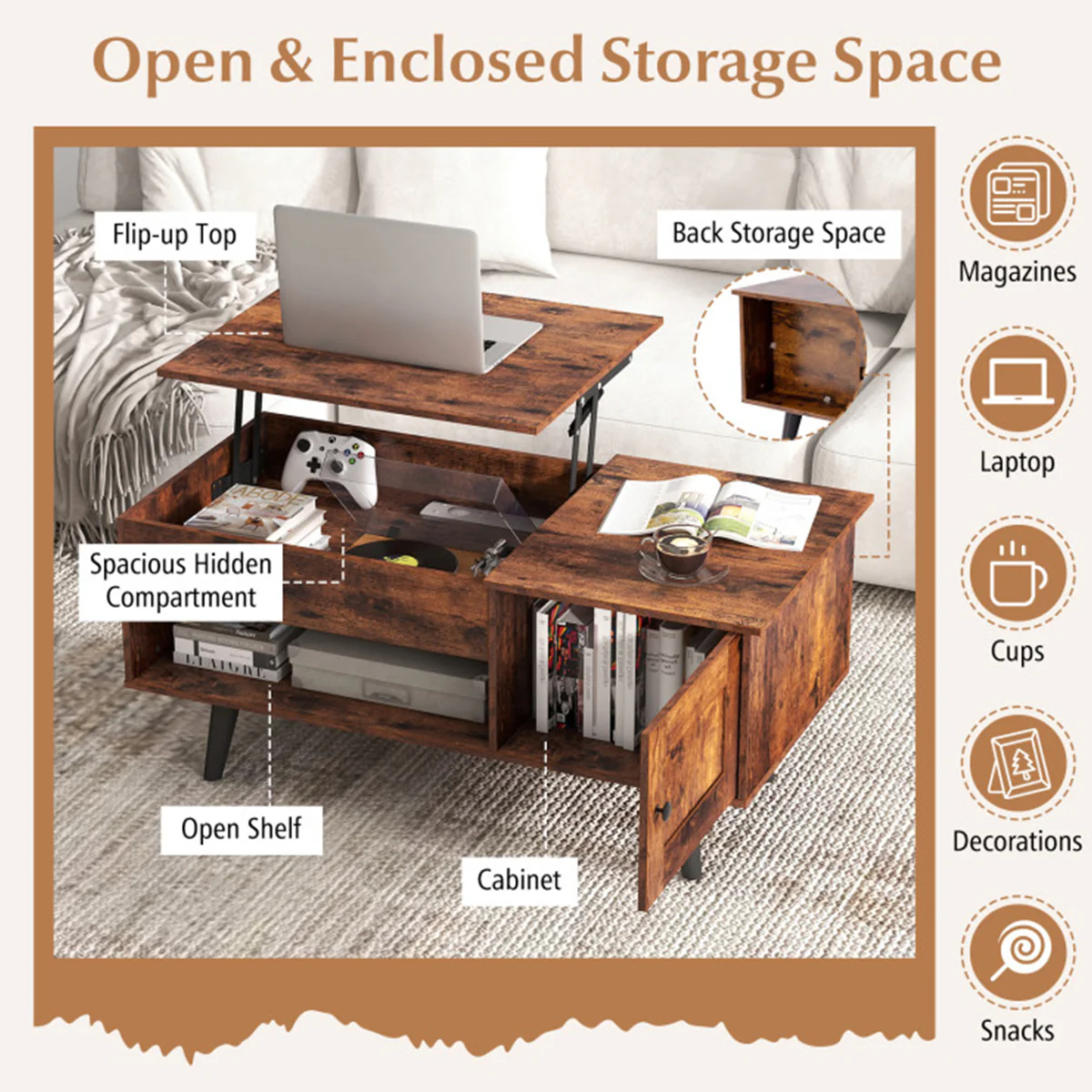 Lift Top Coffee Table with Hidden Storage Compartment - Image 13