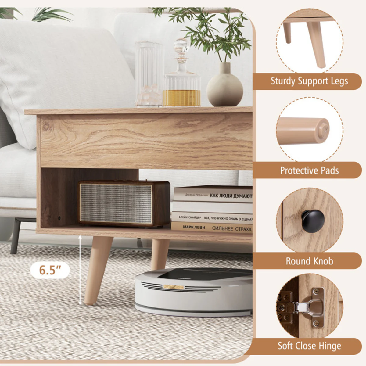 Lift Top Coffee Table with Hidden Storage Compartment - Image 5