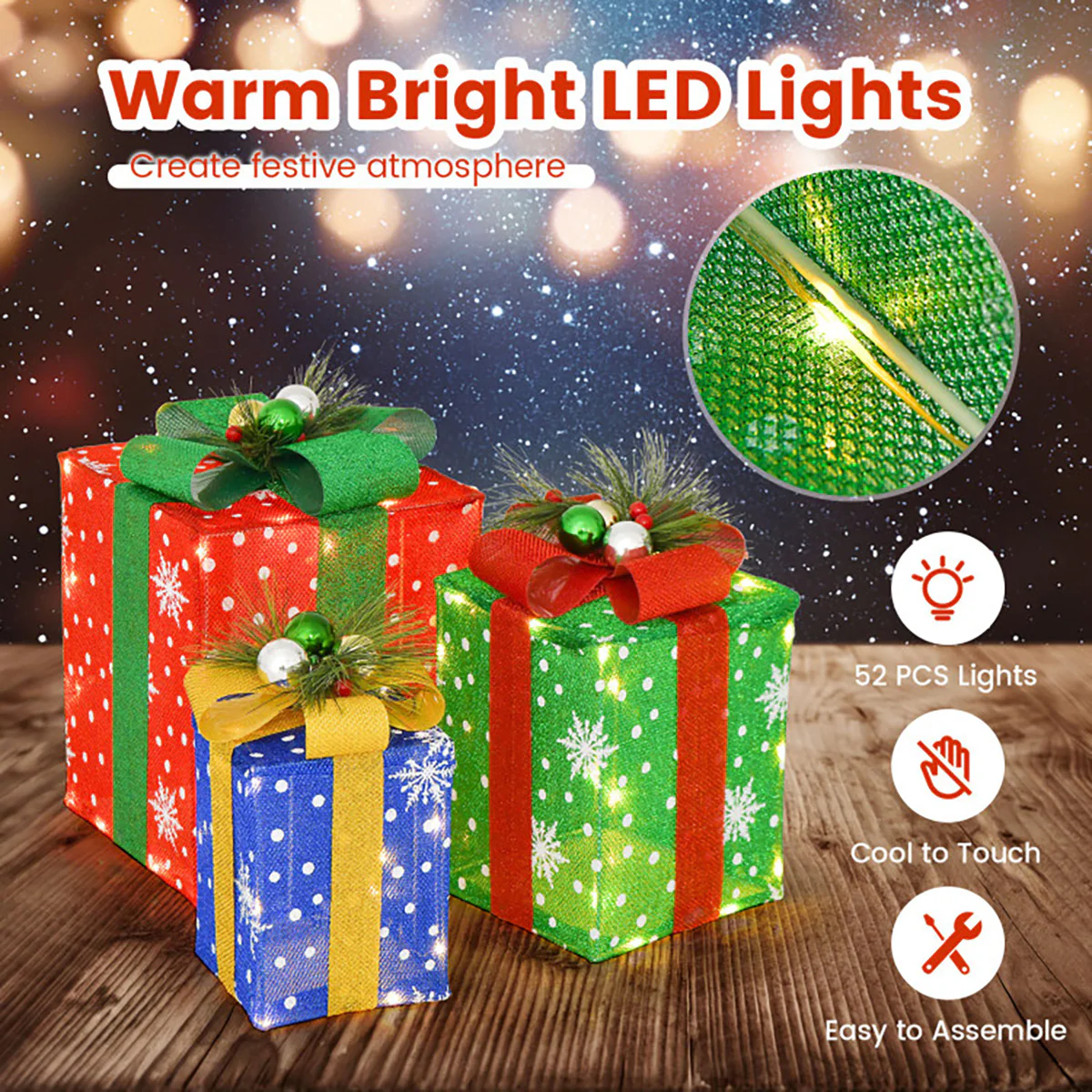 Pre-Lit Multi-Color Christmas Gift Box Decoration (Set of 3) - Image 5