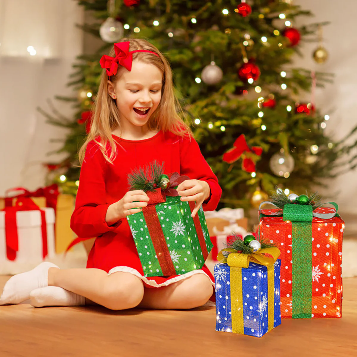 Pre-Lit Multi-Color Christmas Gift Box Decoration (Set of 3) - Image 8