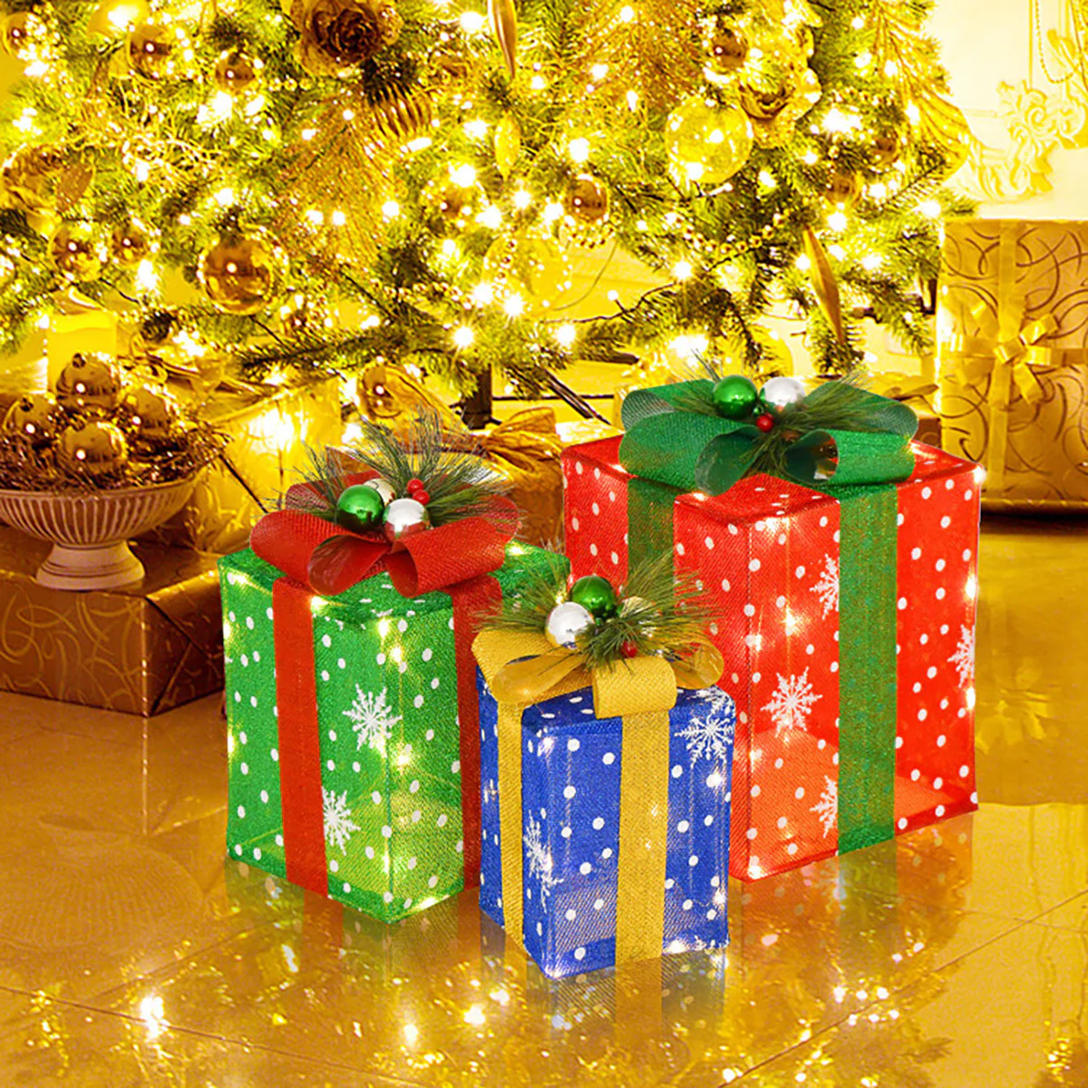 Pre-Lit Multi-Color Christmas Gift Box Decoration (Set of 3) - Image 9