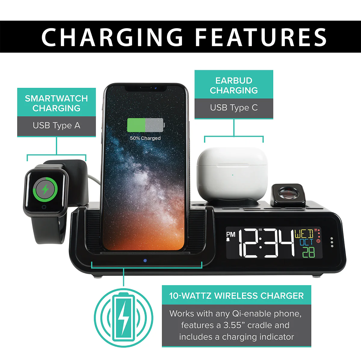 Projection Alarm Clock with Wireless Charging Station - Image 6
