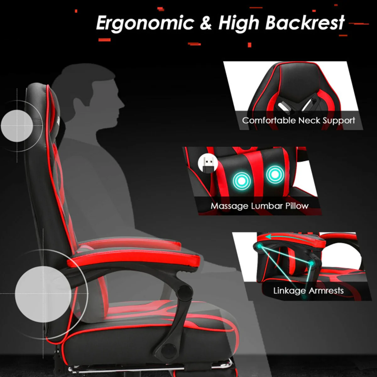 Racing Style Gaming Chair with Massaging Lumbar Support - Image 4