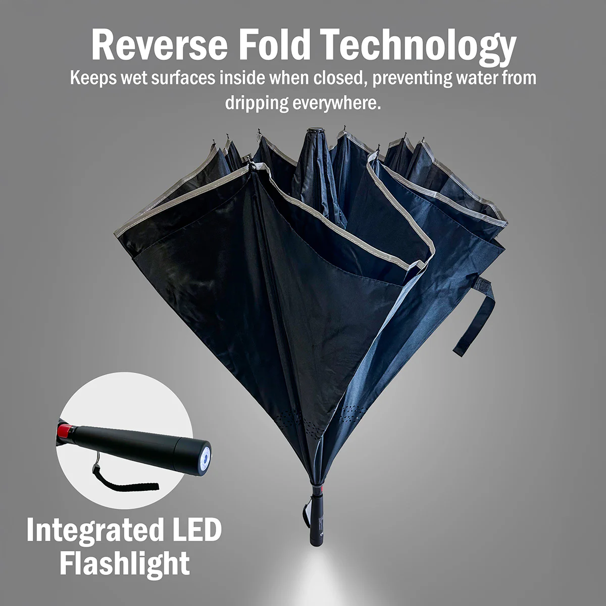 Reverse Folding Windproof Umbrella with Flashlight - Image 5