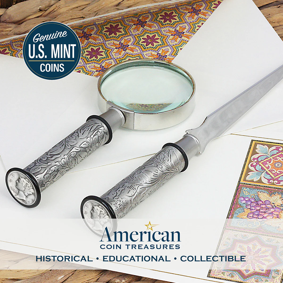 Silver Mercury Dime Letter Opener and Magnifying Glass Gift Set - Image 2