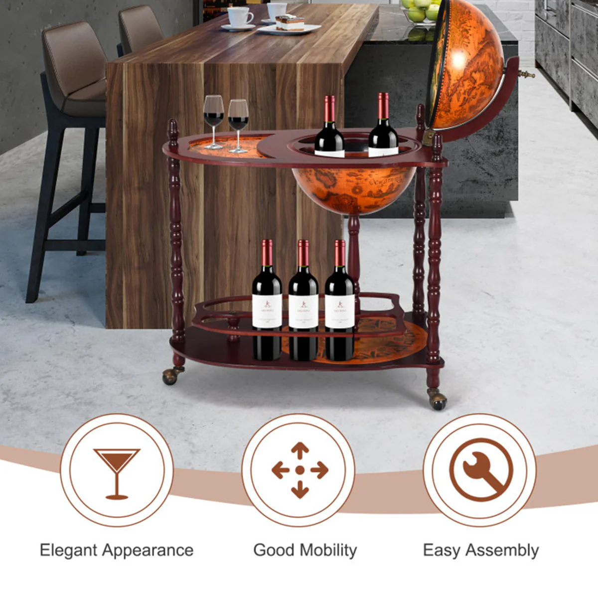 Vintage Globe Bar Cart with Extra Shelf - Image 3