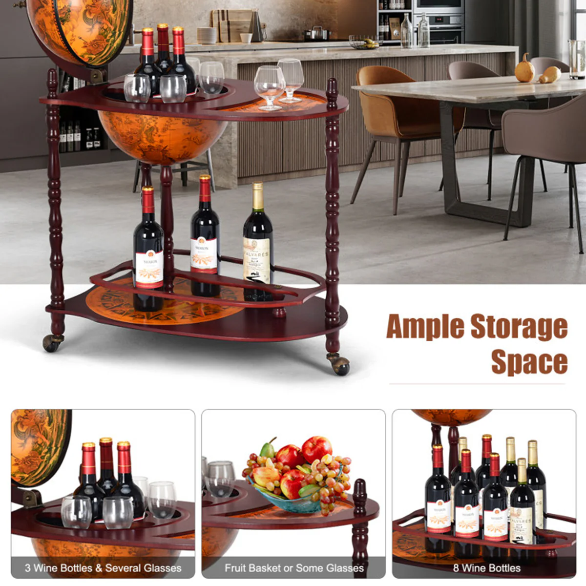 Vintage Globe Bar Cart with Extra Shelf - Image 4