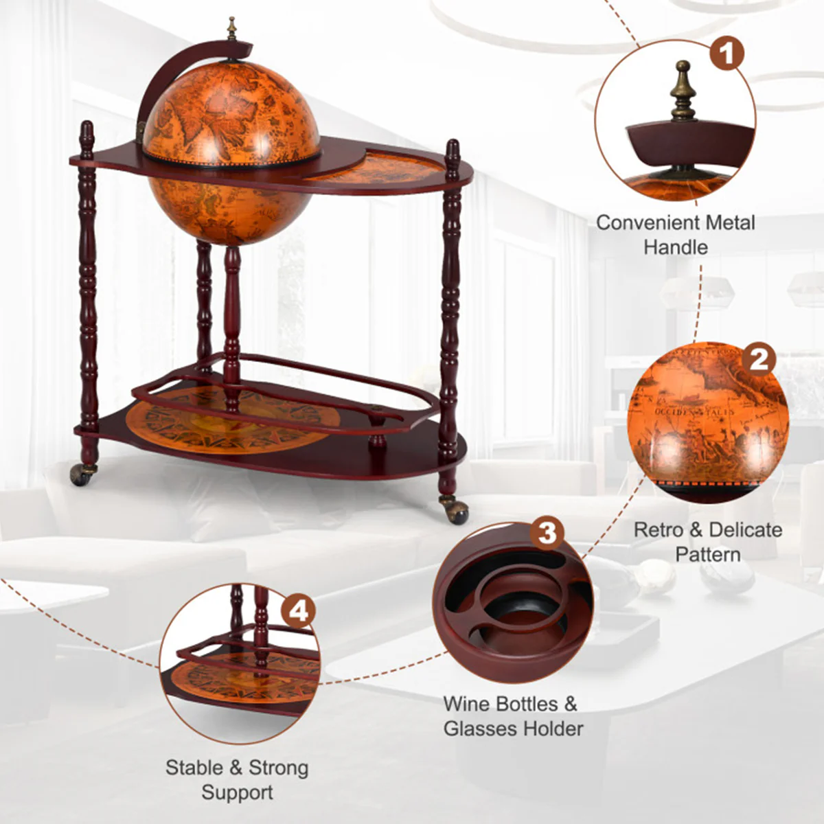 Vintage Globe Bar Cart with Extra Shelf - Image 6