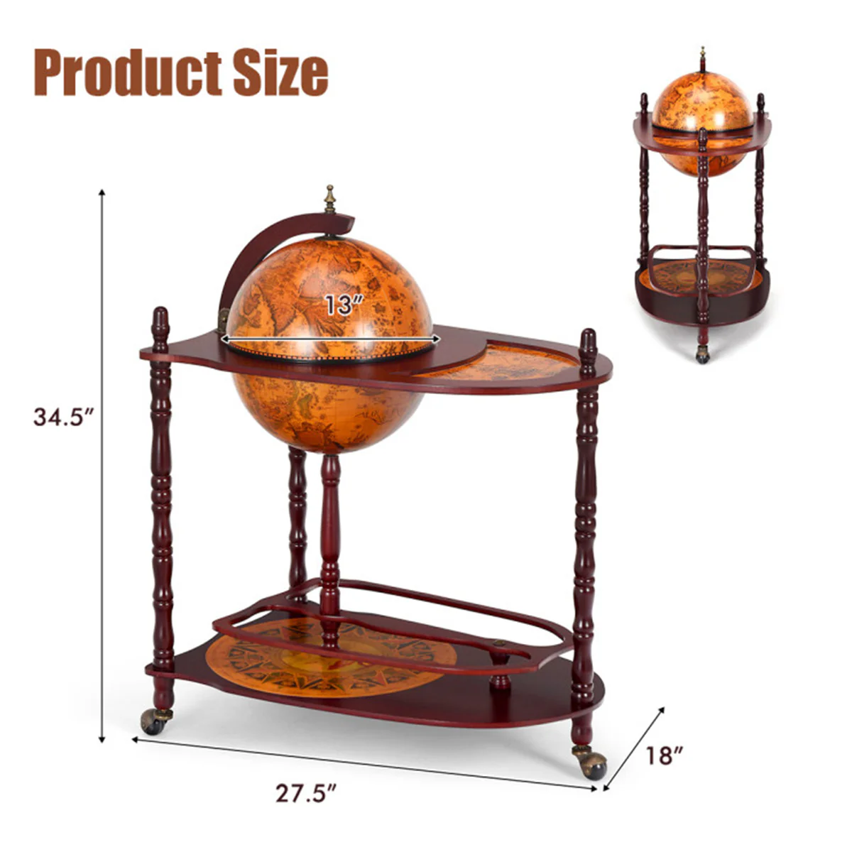 Vintage Globe Bar Cart with Extra Shelf - Image 9