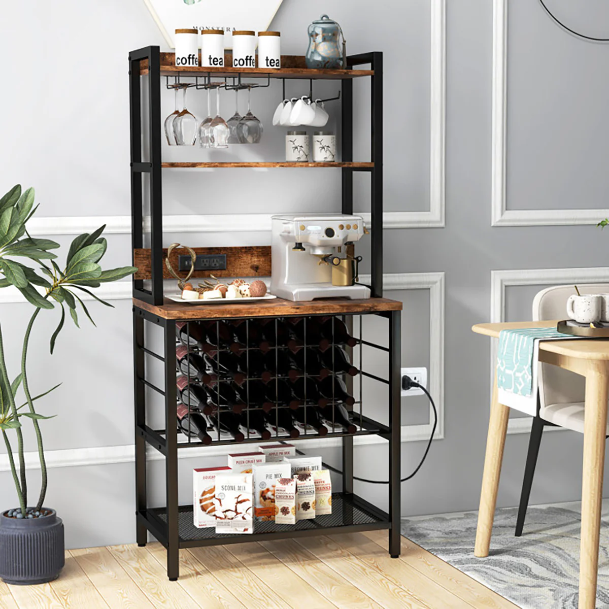 Wine Bar Cabinet with 4 Tier Storage Shelves and Glass Holders