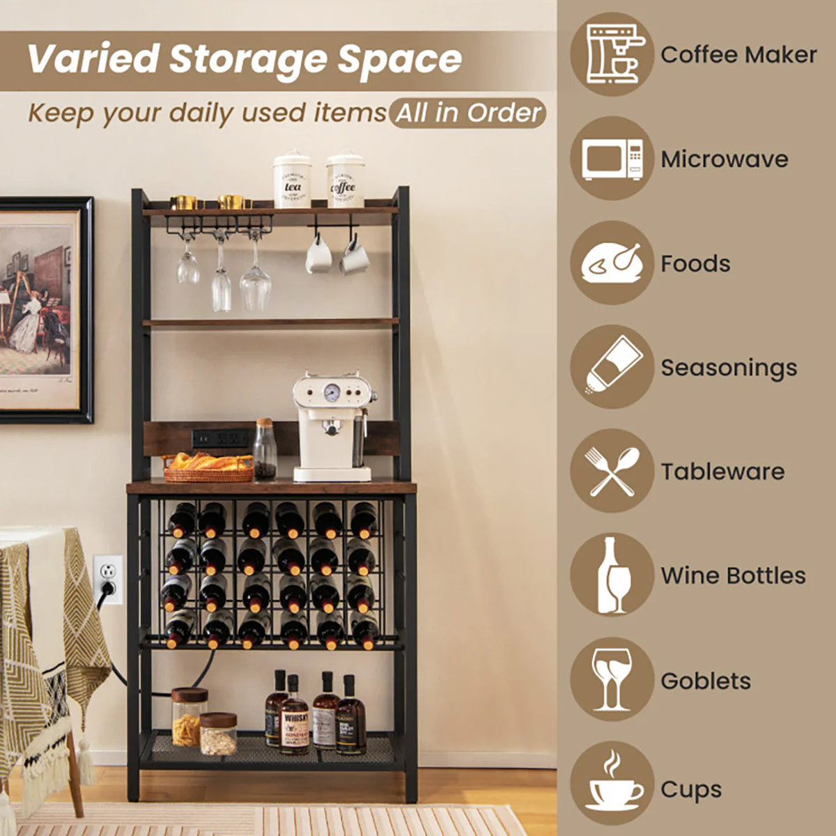 Wine Bar Cabinet with 4 Tier Storage Shelves and Glass Holders - Image 3