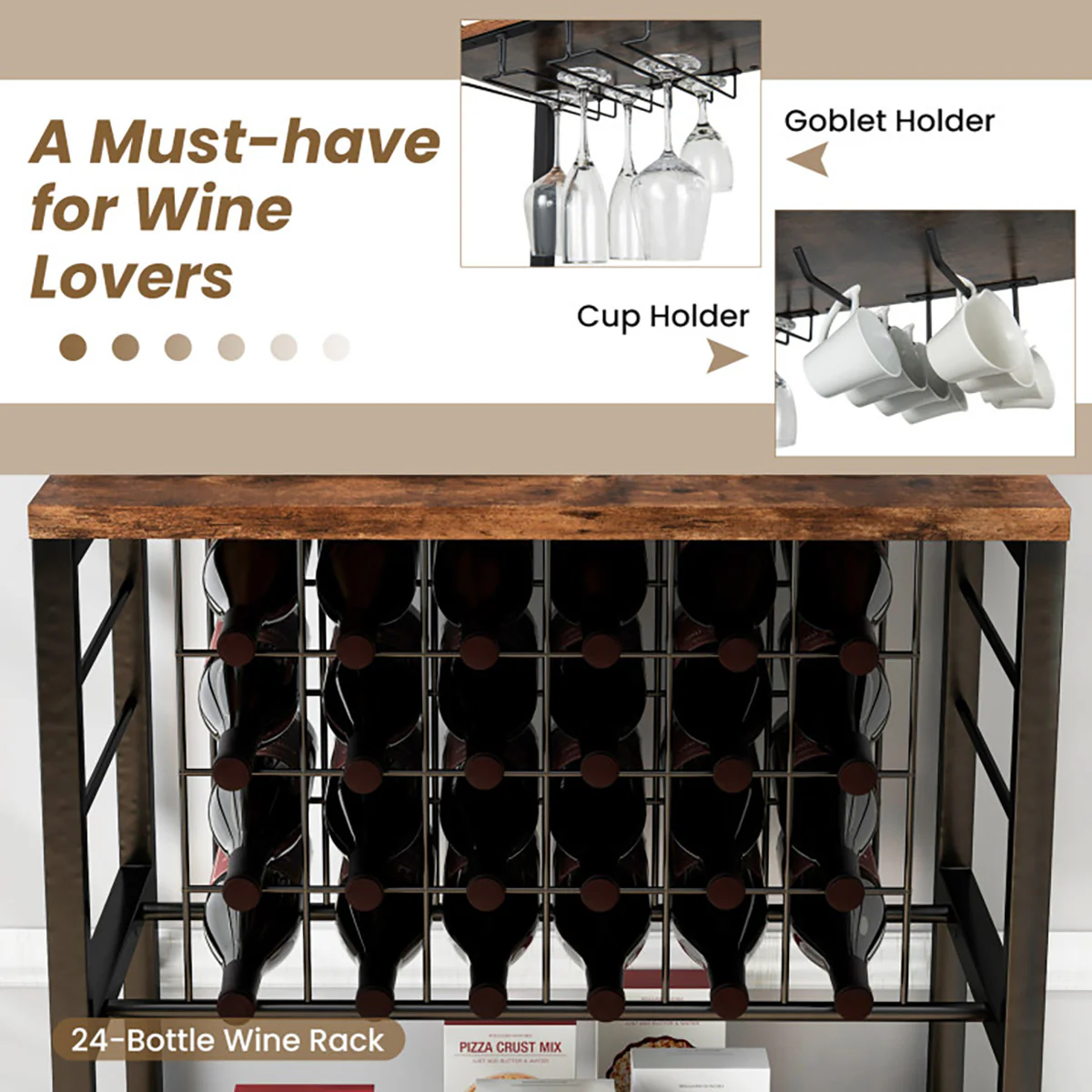 Wine Bar Cabinet with 4 Tier Storage Shelves and Glass Holders - Image 5