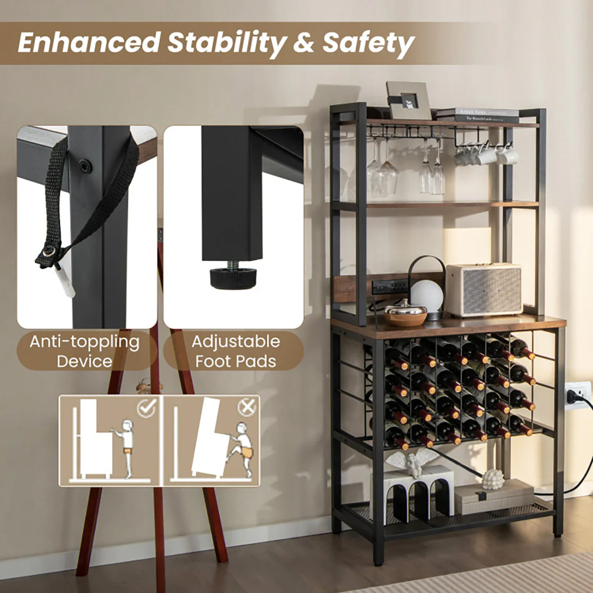Wine Bar Cabinet with 4 Tier Storage Shelves and Glass Holders - Image 6