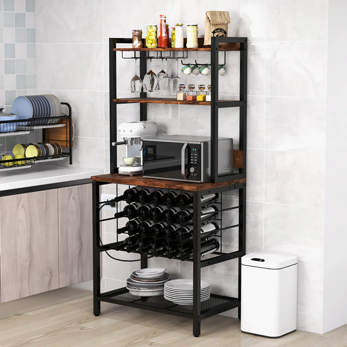 Wine Bar Cabinet with 4 Tier Storage Shelves and Glass Holders - Image 9